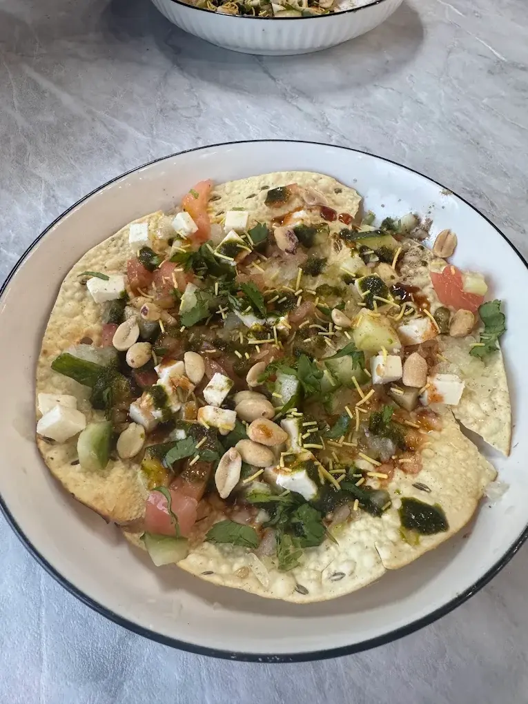Chat Papri - Refreshing Indian Street Snack at Desi Club Edmonton - Crispy fried dough wafers with chickpeas, vegetables and sweet tangy chutneys